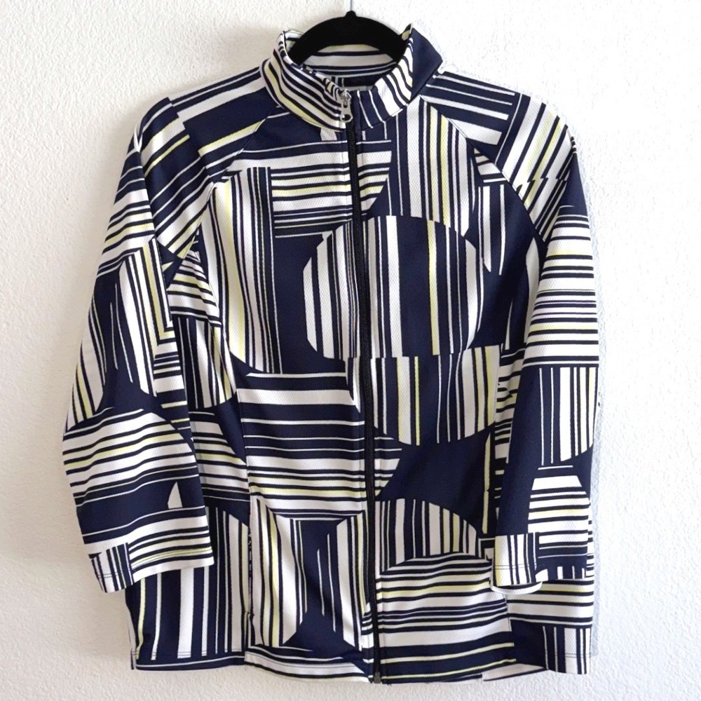 Weekends by Chicos Navy Abstract Stripe‎ Zip Up Jacket Mock Neck Size 2 Large